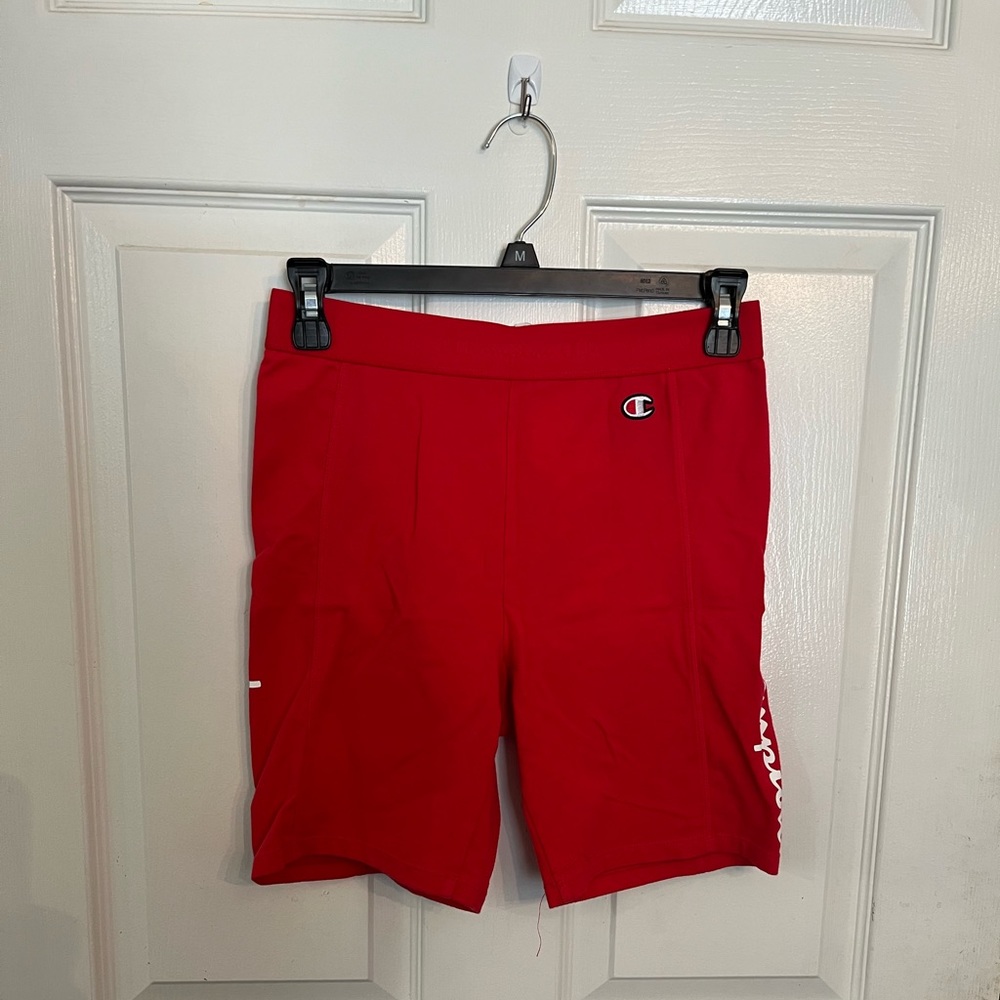 Red Champion Biker Shorts with Logo on Side
